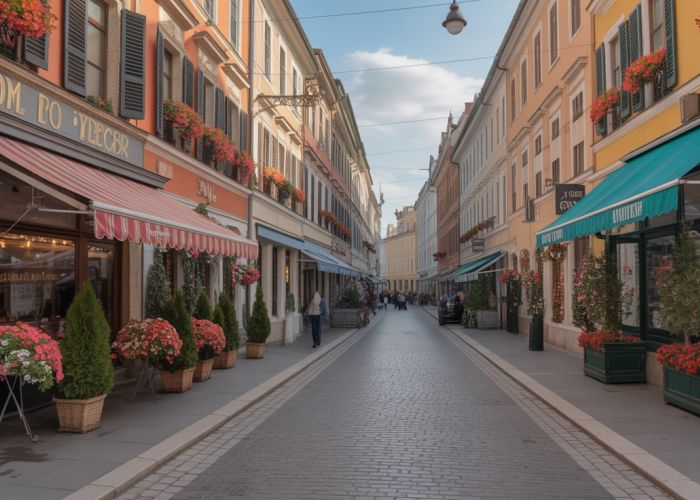 Charming European street bathed in golden October light, with colorful autumn leaves lining the cobblestone path.