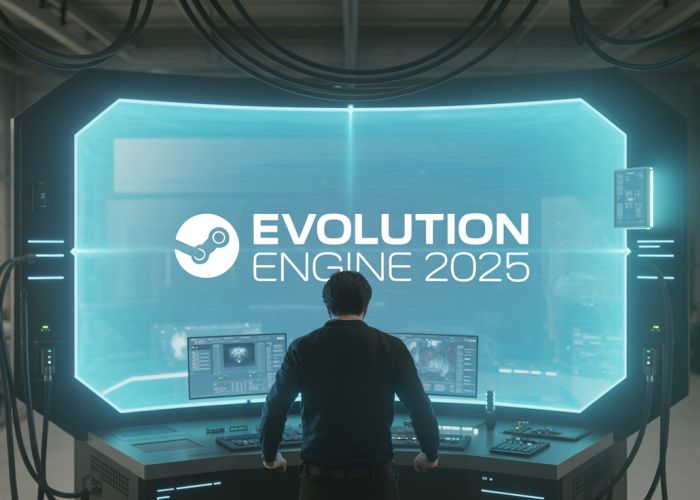 Developer working with the Evolution Engine 2025 in a futuristic workshop, connected to Steam.