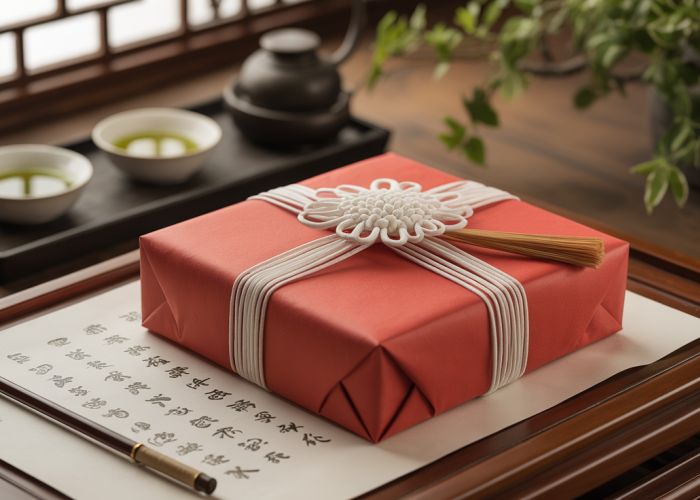 Farewell gift wrapped with traditional Chinese calligraphy and knotting, symbolizing good luck and best wishes.