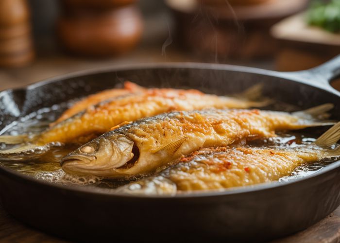 Cast iron skillet filled with freshly fried fish, representing the traditional vessel for a fish fry.