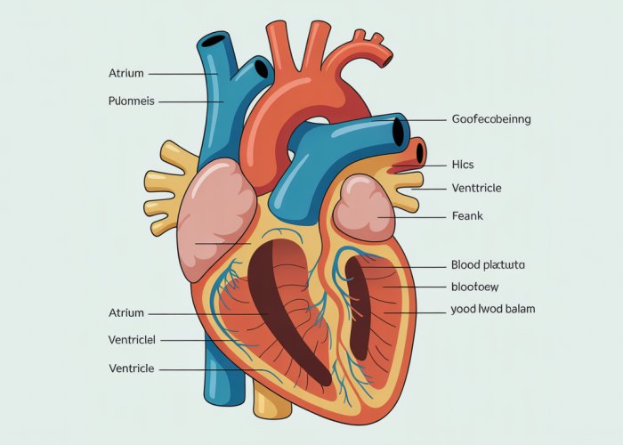 Illustration of a fish heart showing the atrium, ventricle, and blood flow.