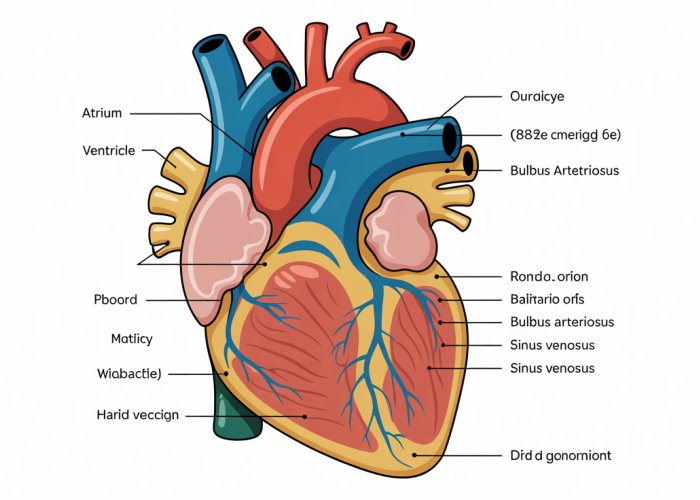 Labeled diagram of a fish heart, showing atrium, ventricle, bulbus arteriosus, and sinus venosus with blood flow arrows.