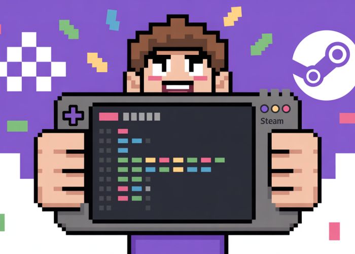 Pixel art character celebrating the release of their Flutter game on Steam with a Steam Deck.