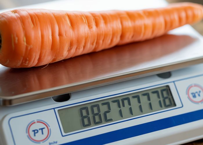 Close-up of a fresh carrot on a kitchen scale showing its weight.