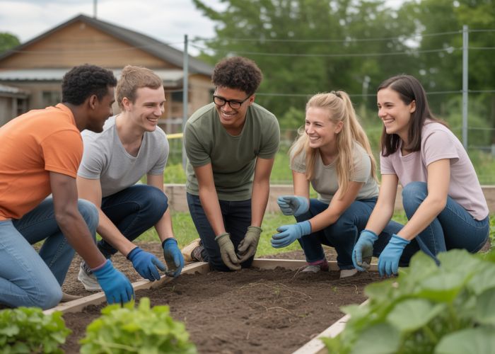 Diverse group of friends working together in a community garden, smiling and enjoying each other's company. They are planting vegetables and flowers.