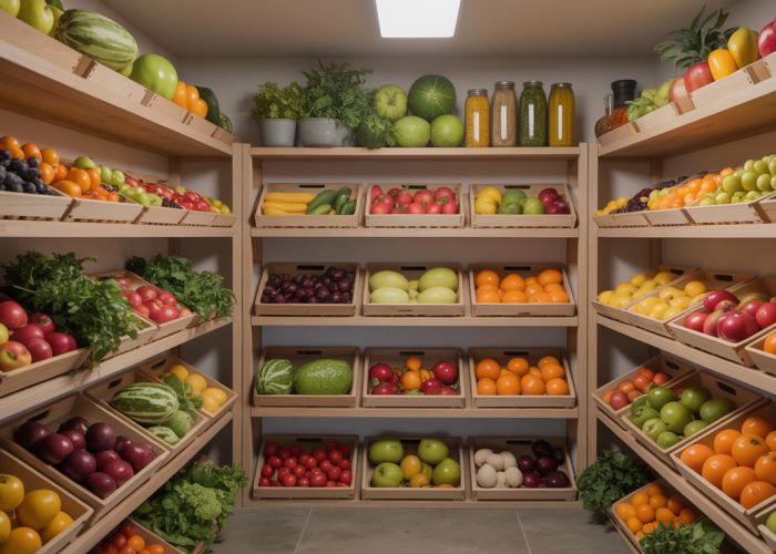 Well-organized fruit cellar with shelves of fresh fruits and vegetables.