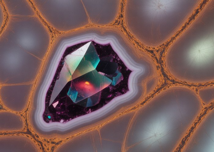 Garnet crystal under polarized light in a thin section, showing colorful interference patterns and zoning.
