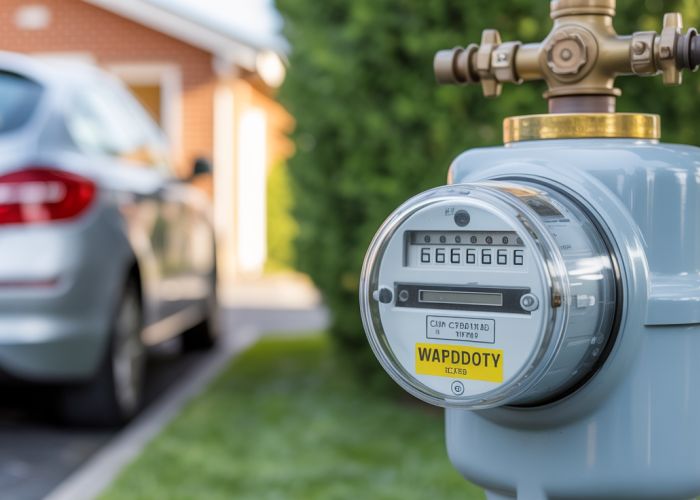 Gas meter located close to a residential driveway with a car parked nearby.