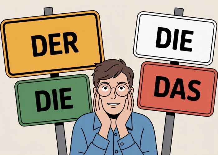 Confused tourist in Germany surrounded by 'der', 'die', and 'das' signs, highlighting the difficulty of German grammatical gender.