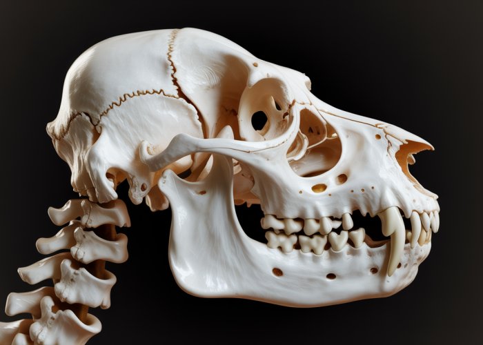 Close-up anatomical view of a German Shepherd dog's skull, highlighting bone structure.