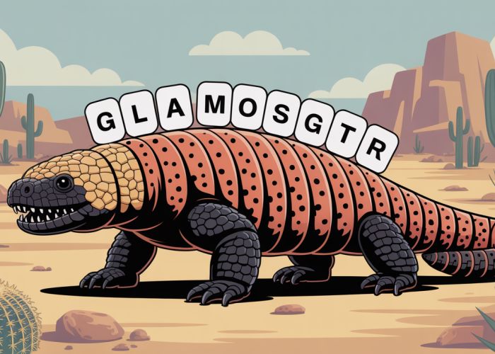 Gila Monster with phonetic spelling overlay showing the correct pronunciation: HEE-luh MON-ster