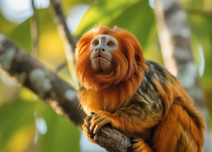 Golden Lion Tamarin, Brazil's National Animal, perched in the rainforest.