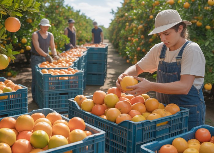 Grapefruit harvesting and packing process in a citrus orchard.