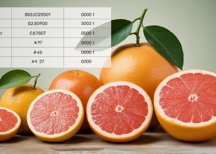 Table comparing grapefruit sizes (small, medium, large, jumbo) with corresponding diameter and weight, alongside a photo of different sized grapefruits.