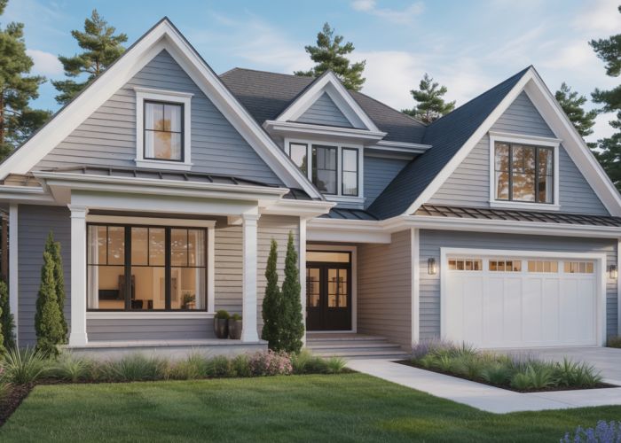 Modern home with grey siding and white trim