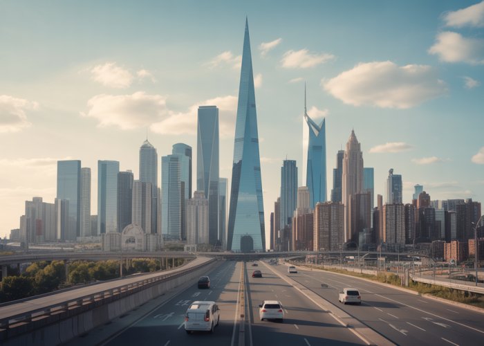 City skyline illustrating the advantages and disadvantages of urban growth. Features include gleaming skyscrapers alongside congested streets and green spaces amidst sprawling development.