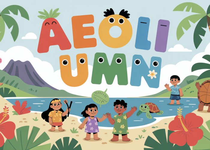 Colorful illustration of the Hawaiian alphabet letters as playful characters in a tropical Hawaiian setting.