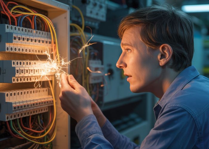 Man looking worried at a sparking electrical panel. Is there a problem?