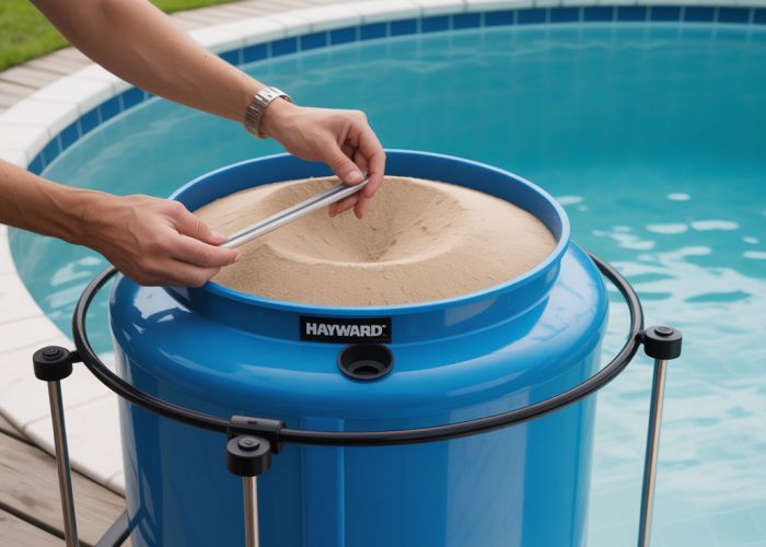 Changing sand in a Hayward S300 sand filter for optimal pool water clarity.