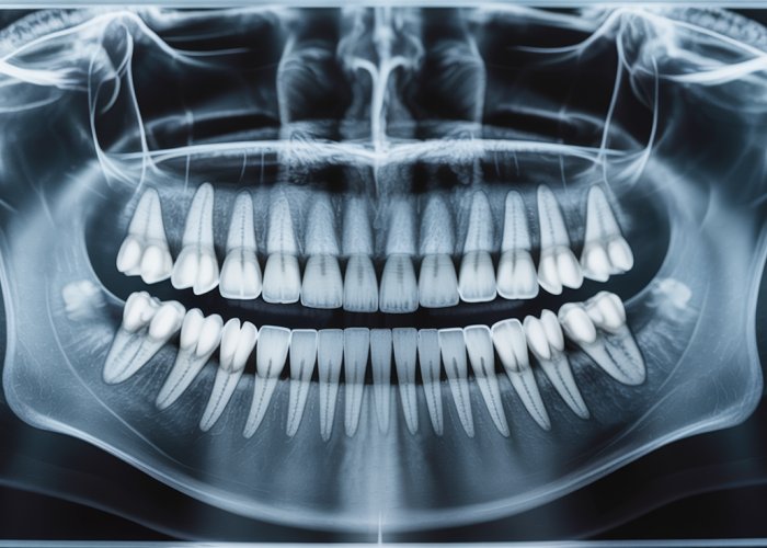 Dental X-ray showing healthy lamina dura around tooth roots.