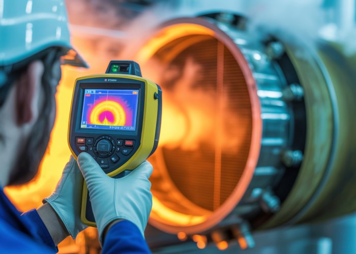 Technician inspecting heat exchanger with thermal imaging camera, highlighting approach temperature differences.