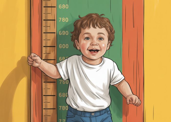 Child being measured against a wooden height chart, showcasing both inches and centimeters.