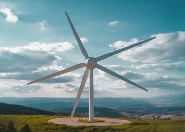 A sleek helix wind turbine generating clean energy against a backdrop of blue skies and clouds.