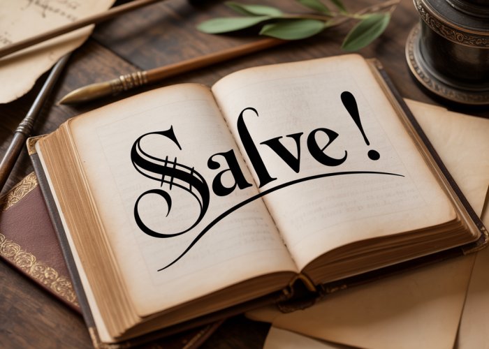 Close-up of an open book displaying the Latin greeting 'Salve!' surrounded by quills and parchment.