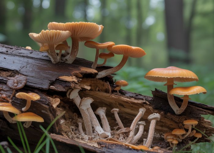 Fungi growing on a decaying log in a forest, illustrating the role of heterotrophs in breaking down organic matter.