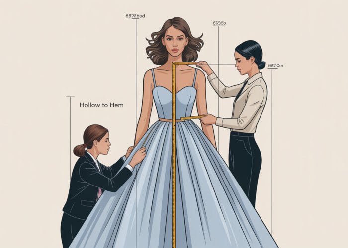 Woman getting measured for a dress, emphasis on hollow to hem measurement.