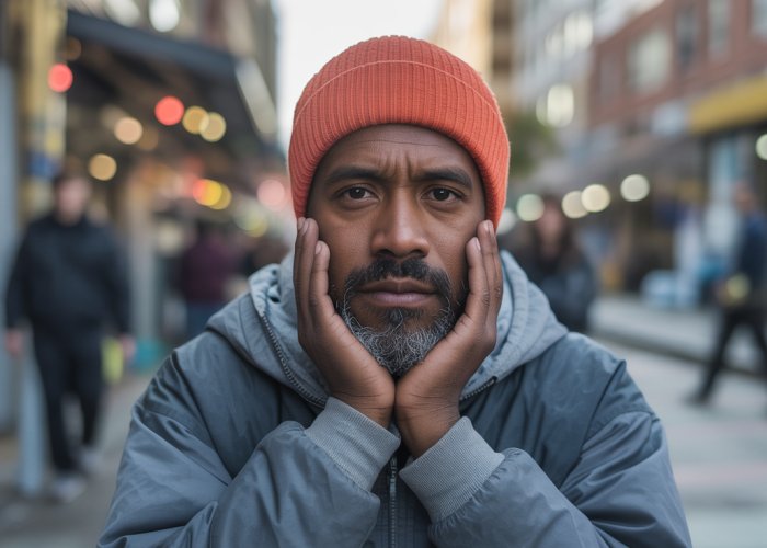 A person experiencing homelessness receives assistance from a community outreach program in a city street, highlighting the need for accessible resources.