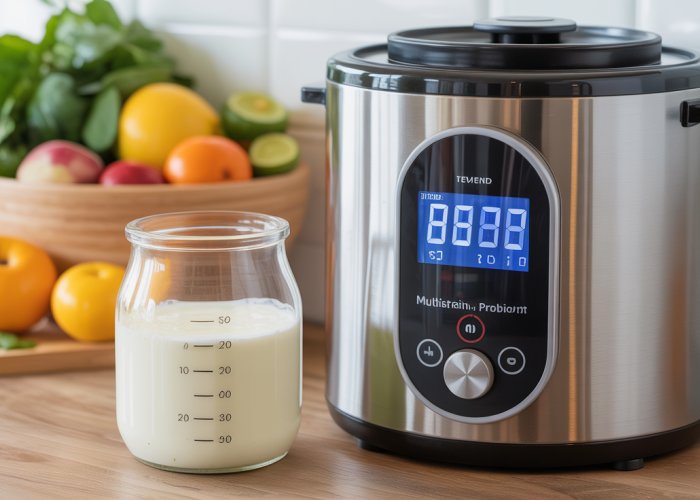Close-up of a yogurt maker displaying the ideal temperature setting for culturing homemade multistrain probiotic yogurt.