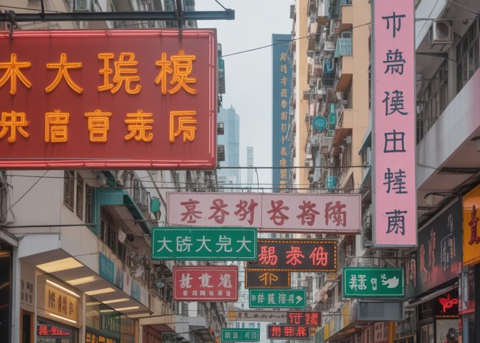 A vibrant photo of Hong Kong's linguistic landscape, showcasing the blend of Cantonese, English, and Mandarin through neon signs and street scenes.