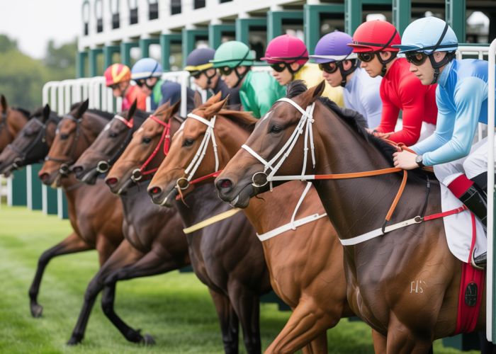 Jockeys of varying heights at the starting gate of a horse race, all within the height regulations.