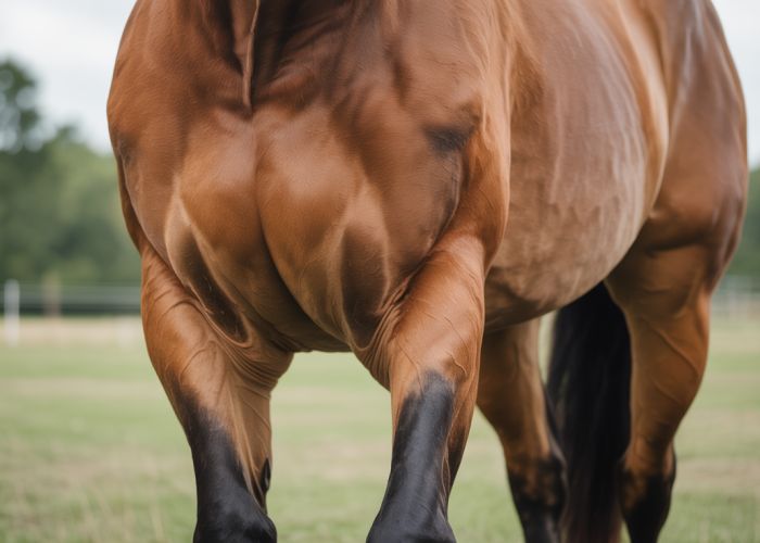 Close-up of a horse's hip, showcasing the prominent tuber coxae (hip bones).