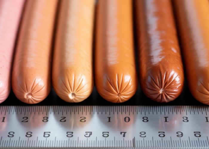 Hot dogs of different brands lined up next to a ruler to show the length in inches.