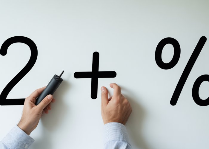 Hands converting the whole number 2 into a percentage (200%) on a whiteboard, step-by-step.