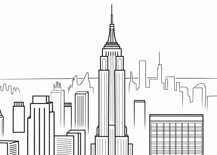 Illustrated steps on how to draw the Empire State Building, featuring simplified shapes and architectural details.