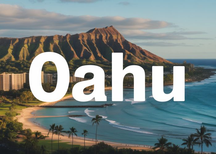 Close-up of a Hawaiian flag waving in front of a scenic Oahu coastline. Text overlay: How to Pronounce Oahu.