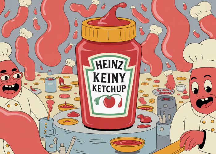 Cartoon illustration of Howell-Jolly bodies dressed as chefs struggling to make Heinz ketchup in a microscopic kitchen.