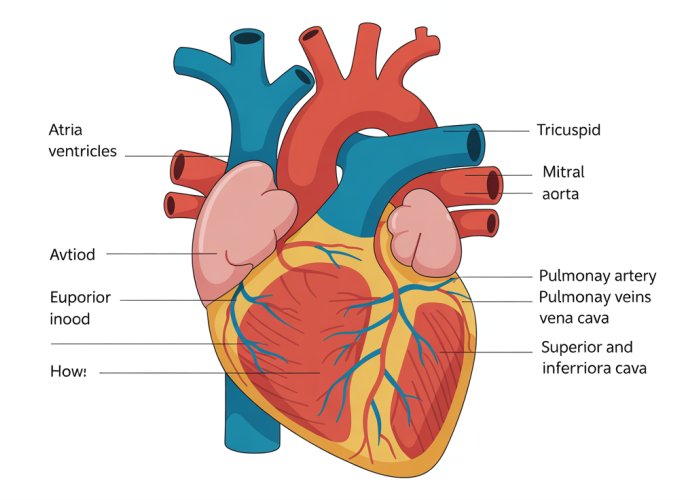 Detailed anatomical diagram of the human heart showing its chambers, valves, and major blood vessels.