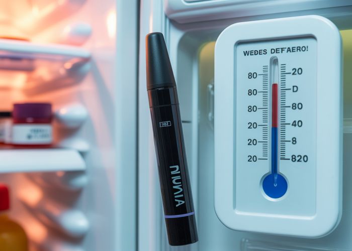 Humira pen stored correctly in a refrigerator at the ideal storage temperature (2-8 degrees Celsius).