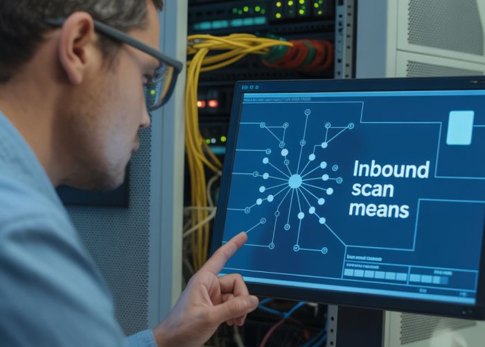 Network security technician analyzing server data for inbound scans.