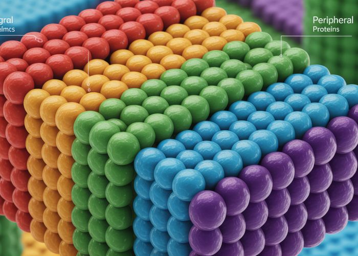 Illustration of cell membrane showcasing integral and peripheral proteins, highlighting their different locations within the lipid bilayer.