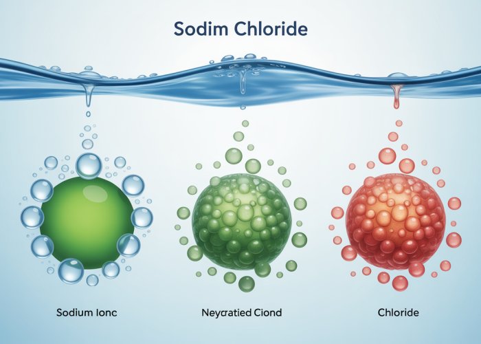 Illustration showing sodium chloride dissolving in water, with water molecules surrounding sodium and chloride ions.