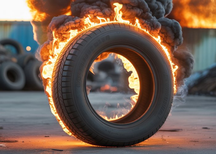 Burning rubber tire producing thick black smoke, illustrating the flammability of rubber.
