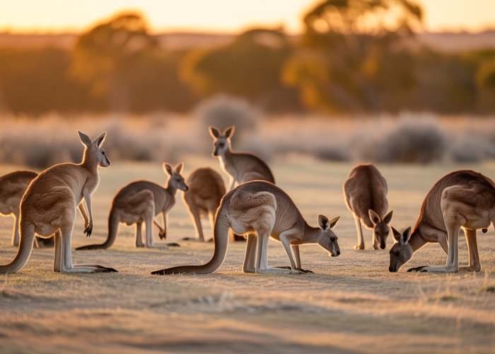 A mob of kangaroos grazing in a golden sunset in the Australian outback.
