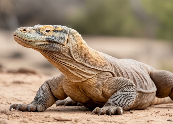 Komodo dragon basking in the sun, with visible heat waves.