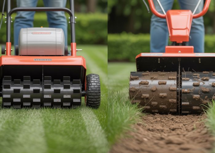 Lawn aerator and tiller side-by-side comparison. Lawn aerator used for punching holes and lawn tiller for tilling.