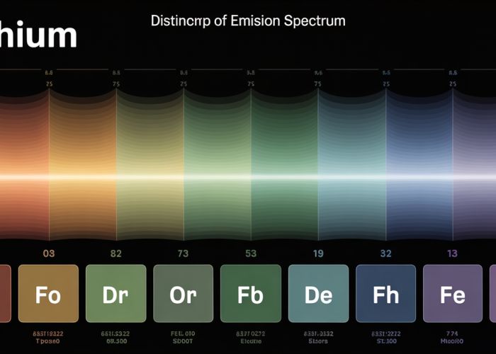 Infographic depicting the emission spectrum of lithium, showing prominent red-orange lines at specific wavelengths.